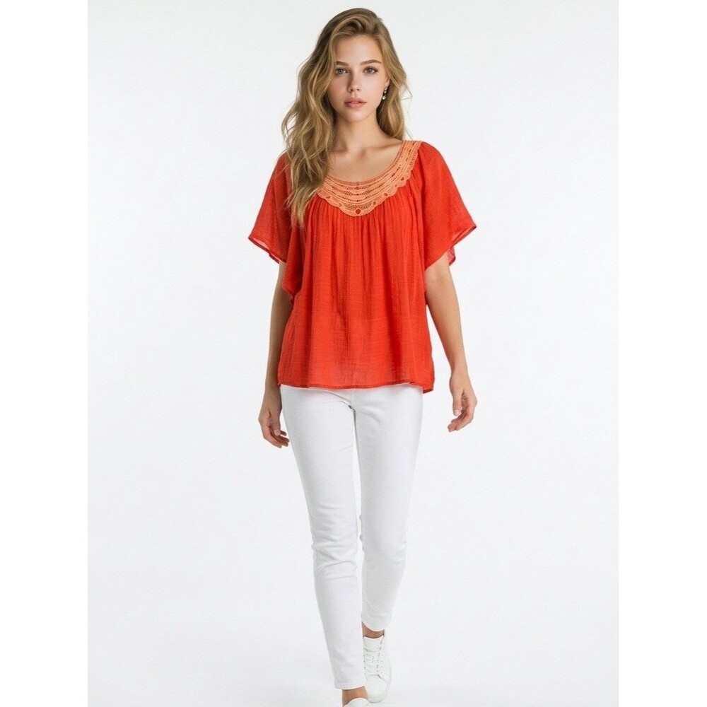 Unique Spectrum Women's Crochet Orange Size 2X Blouse Tunic Short Sleeve - Picture 11 of 16